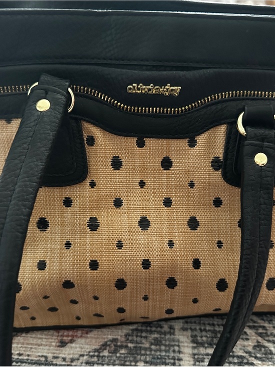 Olivia + Joy Handbags - Olivia + Joy Tan Straw Tote with Black Polka Dots and Black Trim
